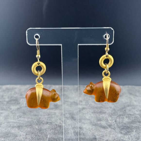 Vintage Bear Gold Tone Dangle Pierced Ear Earrings Pressed Molded Amber (?) - Picture 2 of 12